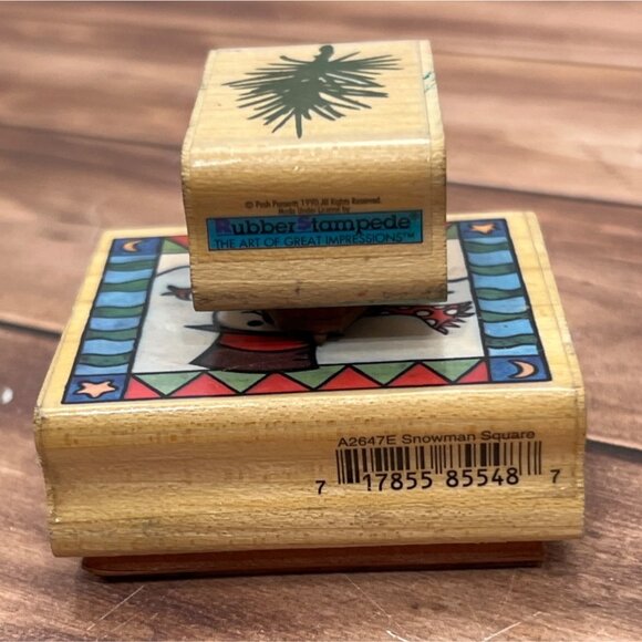 2 RUBBER STAMPEDE WOOD MOUNTED STAMPS SNOWMAN SQUARE A2647E POSH PINE Z151C - Picture 5 of 6